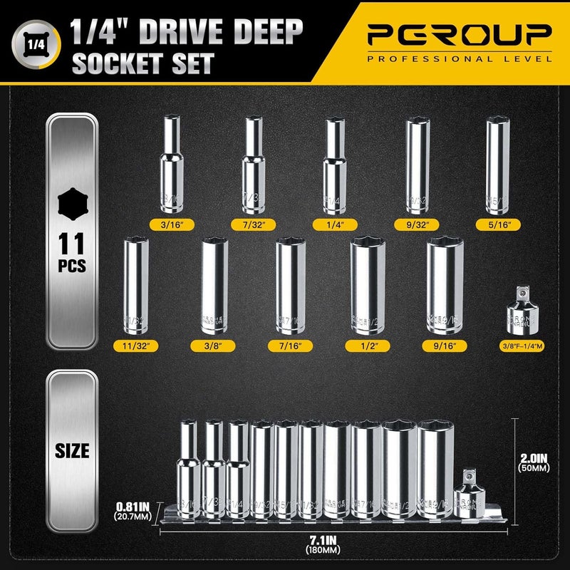pgroup 1/4” Drive SAE Socket Set, 11PCS Deep Hex Socket Set (3/16”-9/16”), Cover Most Commonly Sizes, Chrome Vanadium Steel with 3/8”F to 1/4”M Socket Adapter - Image 2
